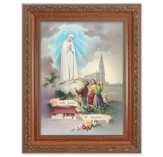 Our Lady of Fatima Picture, 8-1/4"x10-1/4 Mahogany Finish with Acanthus Leaf Detail Under Glass # 27812