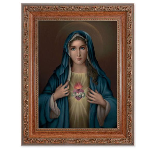 Immaculate Heart of Mary Picture, 8-1/4"x10-1/4 Mahogany Finish with Acanthus Leaf Detail Under Glass # 27813
