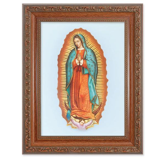Our Lady of Guadalupe Picture, 8-1/4"x10-1/4 Mahogany Finish with Acanthus Leaf Detail Under Glass # 27814