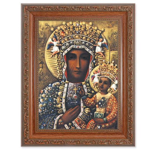 Our Lady of Czestochowa Picture, 8-1/4"x10-1/4 Mahogany Finish with Acanthus Leaf Detail Under Glass # 27818