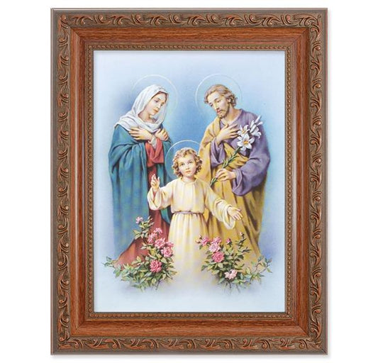 Holy Family Picture, 8-1/4"x10-1/4 Mahogany Finish with Acanthus Leaf Detail Under Glass # 27833