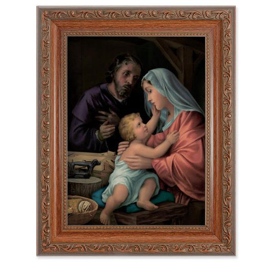 Holy Family Picture, 8-1/4"x10-1/4 Mahogany Finish with Acanthus Leaf Detail Under Glass # 27835
