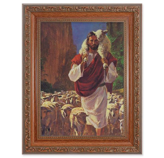 The Good Shepherd Picture, 8-1/4"x10-1/4 Mahogany Finish with Acanthus Leaf Detail Under Glass # 27846