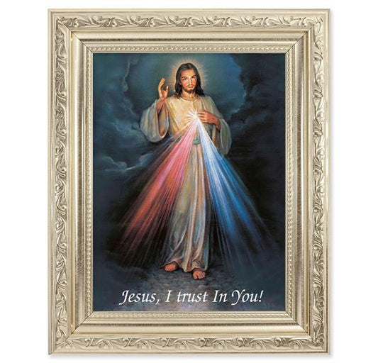 Divine Mercy Picture, 8-1/4"x10-1/4 Antique Silver Finish with Acanthus Leaf Detail Under Glass # 27867