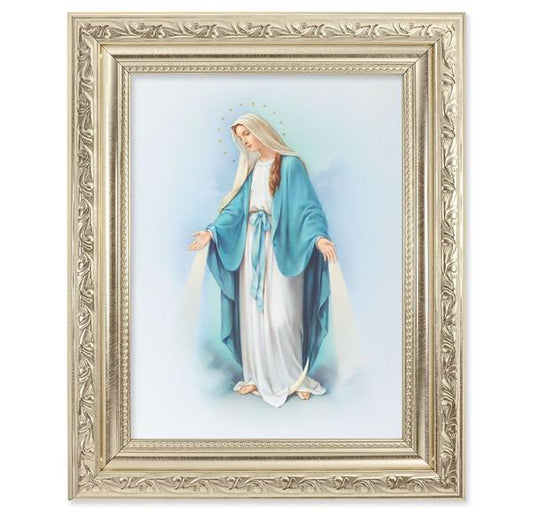 Our Lady of Grace Picture, 8-1/4"x10-1/4 Antique Silver Finish with Acanthus Leaf Detail Under Glass # 27875