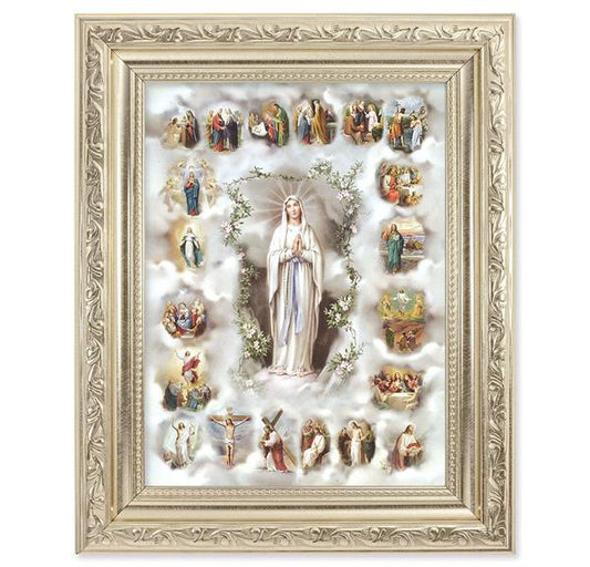 Mysteries of The Rosary Picture, 8-1/4"x10-1/4 Antique Silver Finish with Acanthus Leaf Detail Under Glass # 27882