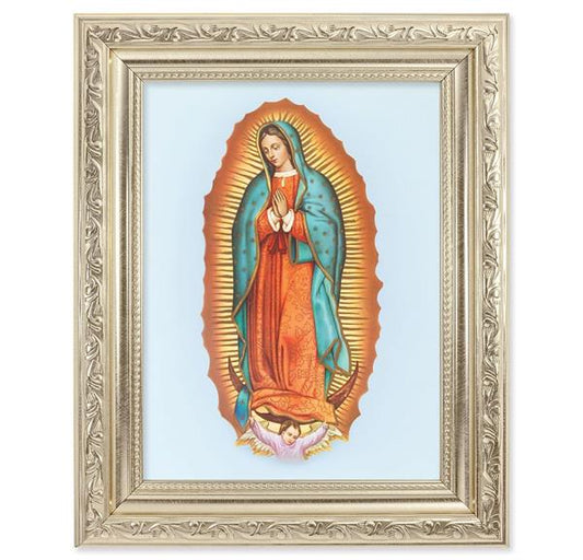 Our Lady of Guadalupe Picture, 8-1/4"x10-1/4 Antique Silver Finish with Acanthus Leaf Detail Under Glass # 27885