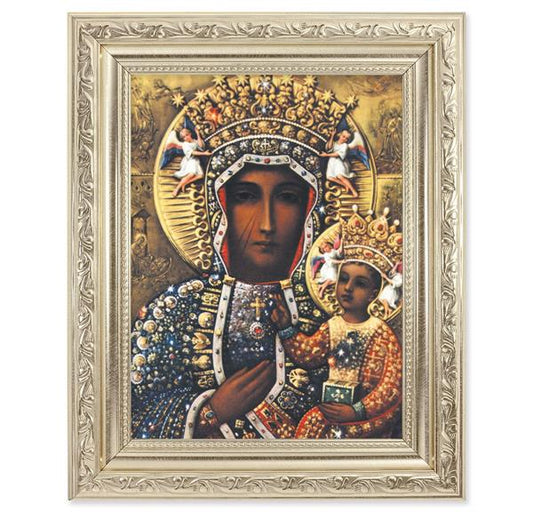 Our Lady of Czestochowa Picture, 8-1/4"x10-1/4 Antique Silver Finish with Acanthus Leaf Detail Under Glass # 27889