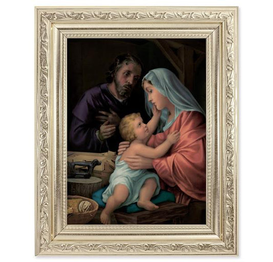 Holy Family Picture, 8-1/4"x10-1/4 Antique Silver Finish with Acanthus Leaf Detail Under Glass # 27904