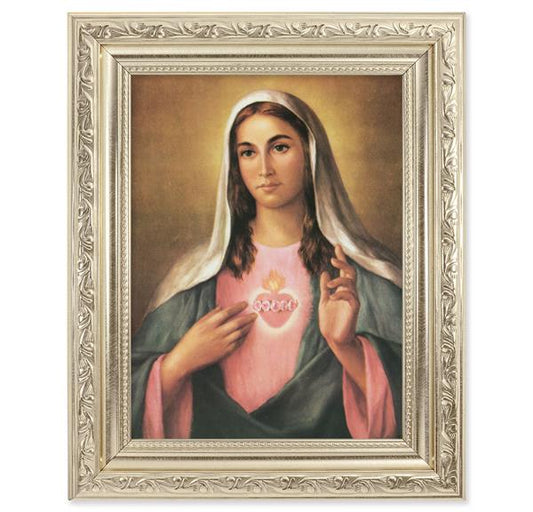 La Fuente: Immaculate Heart of Mary Picture, 8-1/4"x10-1/4 Antique Silver Finish with Acanthus Leaf Detail Under Glass # 27920