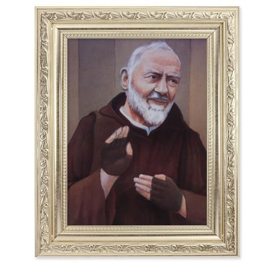 St. Padre Pio Picture, 8-1/4"x10-1/4 Antique Silver Finish with Acanthus Leaf Detail Under Glass # 27921