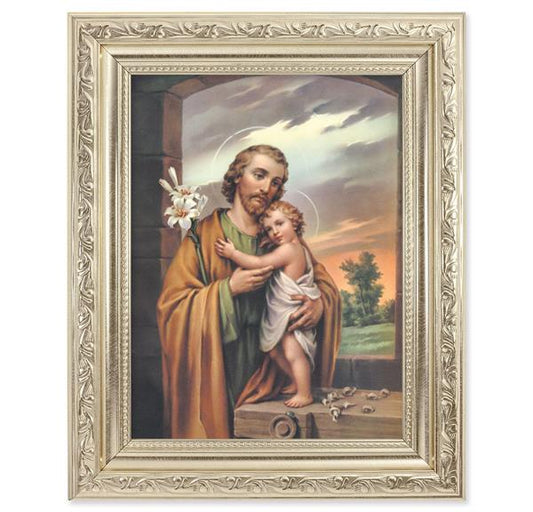 St. Joseph & Child Picture, 8-1/4"x10-1/4 Antique Silver Finish with Acanthus Leaf Detail Under Glass # 27926