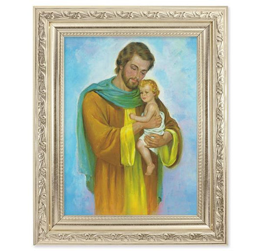 St. Joseph & Child Picture, 8-1/4"x10-1/4 Antique Silver Finish with Acanthus Leaf Detail Under Glass # 27935