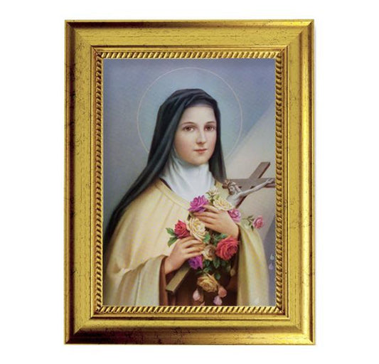 St. Therese of Lisieux Picture, 6-3/4"x8-3/4 Antique Gold Frame with Rope Detail Lip, Textured # 27980