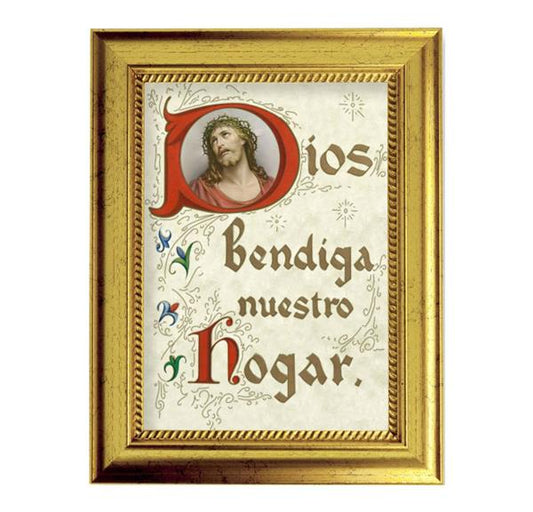 Spanish God Bless Our Home Picture, 6-3/4"x8-3/4 Antique Gold Frame with Rope Detail Lip, Textured # 27985