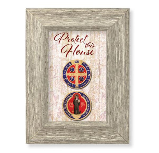 St. Benedict Protect This House Printed on Wood, 6-1/2"x8-1/2 Weathered Gray Frame, Italian # 28035