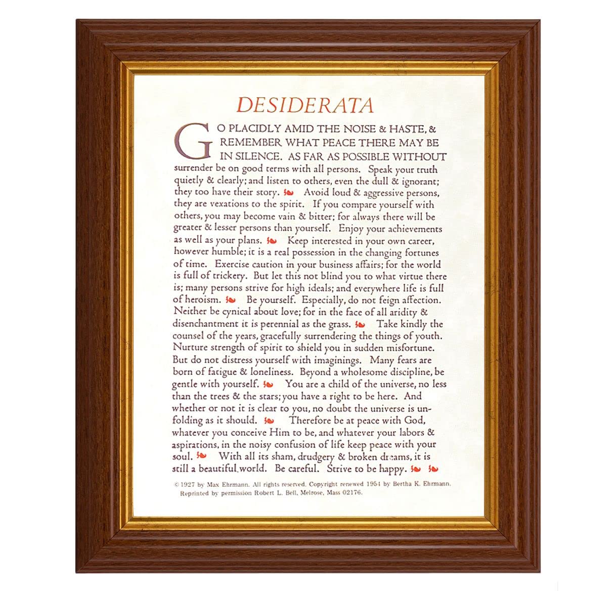 Desiderata Go Placidly Prayer, 10.5"x12.5" Walnut Finished Fluted Frame, Gold Beaded Lip, Italian Print # 27064