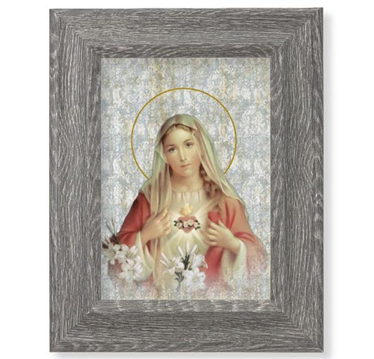 Immaculate Heart of Mary Print on Wood, 7-1/2"x9-1/2 Dark Gray Weathered Frame, Italian # 28044
