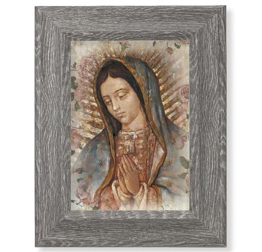 Our Lady of Guadalupe Print on Wood, 7-1/2"x9-1/2 Dark Gray Weathered Frame, Italian # 28046