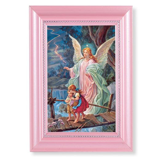 Guardian Angel Picture, Pearlized Pink 5-1/2"x7 Frame, Beaded Lip, Under Glass # 28067