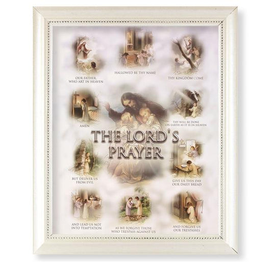 Our Lord's Prayer Picture, Pearlized White 9-1/2"x11-1/2 Frame, Beaded Lip, Under Glass # 28093