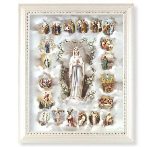 Mysteries of The Rosary Picture, Pearlized White 9-1/2"x11-1/2 Frame, Beaded Lip, Under Glass # 28096