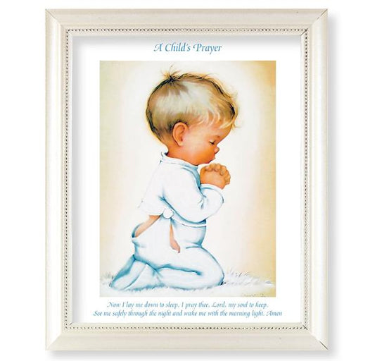 Praying Baby Boy Picture, Pearlized White 9-1/2"x11-1/2 Frame, Beaded Lip, Under Glass # 28107