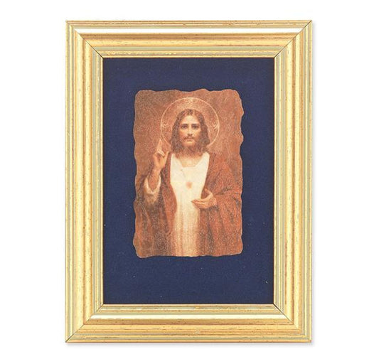 Chambers: Sacred Heart of Jesus Picture, Antique Gold 5" x6-1/2 Frame, Image Centered On Blue Velvet Matting # 28111