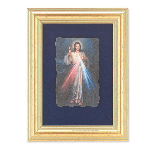 Divine Mercy Picture, Antique Gold 5" x6-1/2 Frame, Image Centered On Blue Velvet Matting # 28112