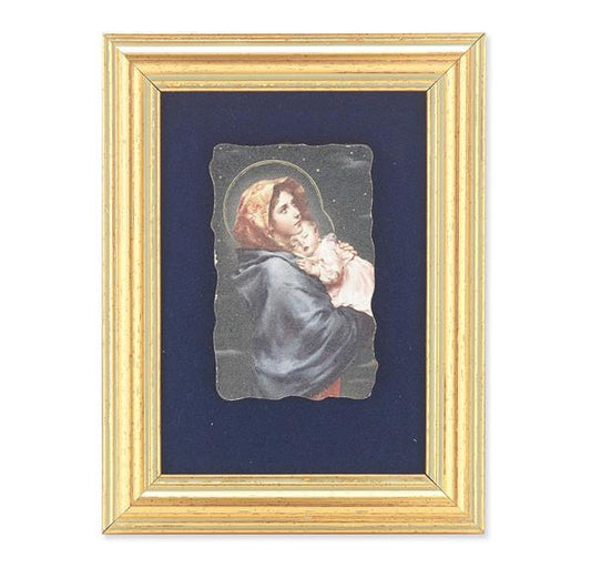 Madonna of The Street Picture, Antique Gold 5" x6-1/2 Frame, Image Centered On Blue Velvet Matting # 28113