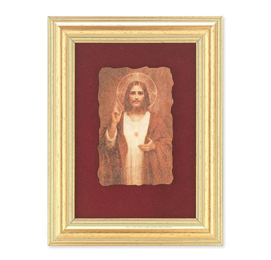 Chambers: Sacred Heart of Jesus Picture, Antique Gold 5" x6-1/2 Frame, Image Centered On Burgundy Velvet Matting # 28123
