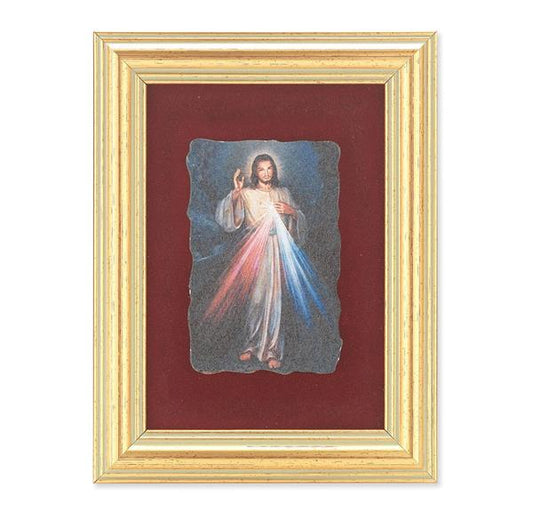 Divine Mercy Picture, Antique Gold 5" x6-1/2 Frame, Image Centered On Burgundy Velvet Matting # 28124