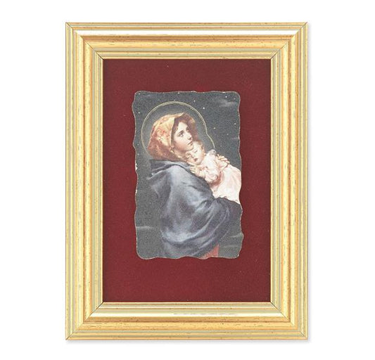 Madonna of The Street Picture, Antique Gold 5" x6-1/2 Frame, Image Centered On Burgundy Velvet Matting # 28125
