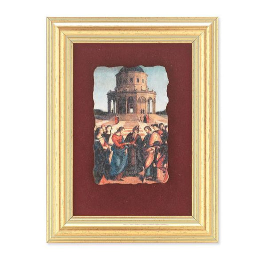 Wedding at Cana Picture, Antique Gold 5" x6-1/2 Frame, Image Centered On Burgundy Velvet Matting # 28132