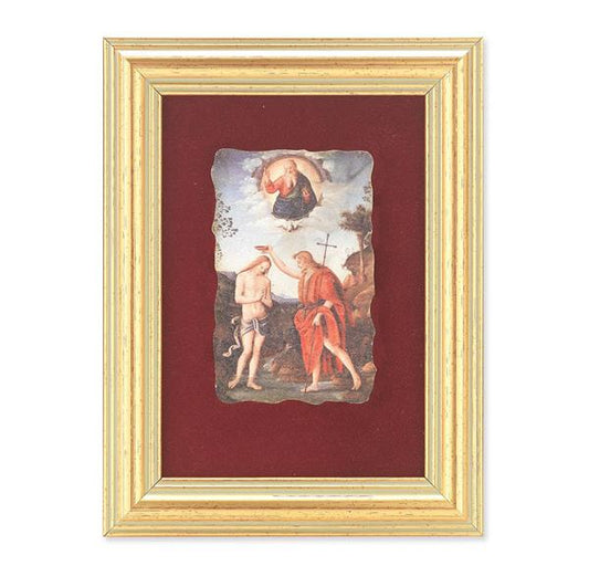 Baptism of Jesus Picture, Antique Gold 5" x6-1/2 Frame, Image Centered On Burgundy Velvet Matting # 28134