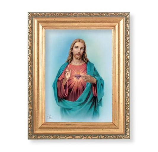 Sacred Heart Picture, Antique Gold 5-1/2"x7 Frame with Acanthus-Leaf Edging Under Glass # 28135