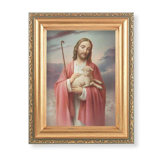 The Good Shepherd Picture, Antique Gold 5-1/2"x7 Frame with Acanthus-Leaf Edging Under Glass # 28136