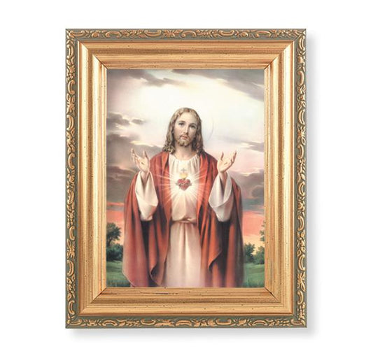 Sacred Heart Picture, Antique Gold 5-1/2"x7 Frame with Acanthus-Leaf Edging Under Glass # 28137