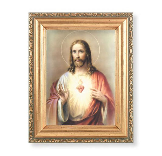 Sacred Heart Picture, Antique Gold 5-1/2"x7 Frame with Acanthus-Leaf Edging Under Glass # 28141