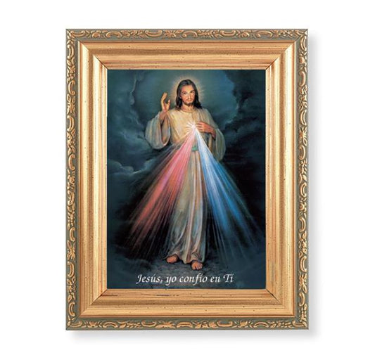 Spanish Divine Mercy Picture, Antique Gold 5-1/2"x7 Frame with Acanthus-Leaf Edging Under Glass # 28146