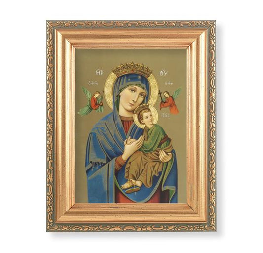 Our Lady of Perpetual Help Picture, Antique Gold 5-1/2"x7 Frame with Acanthus-Leaf Edging Under Glass # 28162