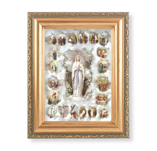 Mysteries of The Rosary Picture, Antique Gold 5-1/2"x7 Frame with Acanthus-Leaf Edging Under Glass # 28166