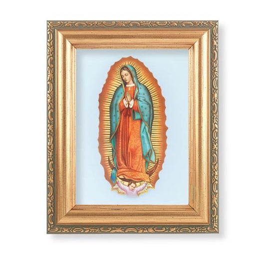 Our Lady of Guadalupe Picture, Antique Gold 5-1/2"x7 Frame with Acanthus-Leaf Edging Under Glass # 28168