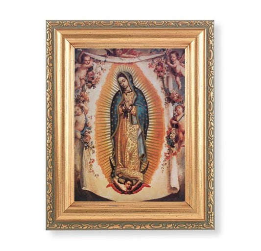 Our Lady of Guadalupe with Angels Picture, Antique Gold 5-1/2"x7 Frame with Acanthus-Leaf Edging Under Glass # 28170