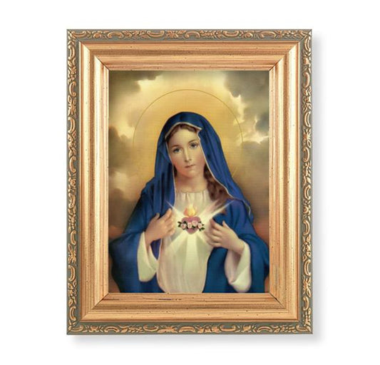 Immaculate Heart of Mary Picture, Antique Gold 5-1/2"x7 Frame with Acanthus-Leaf Edging Under Glass # 28178