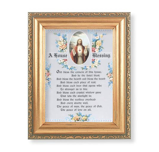 A House Blessing Picture, Antique Gold 5-1/2"x7 Frame with Acanthus-Leaf Edging Under Glass # 28199
