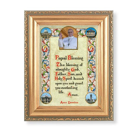 Papal Blessing Picture with Pope Francis, Antique Gold 5-1/2"x7 Frame with Acanthus-Leaf Edging Under Glass # 28204