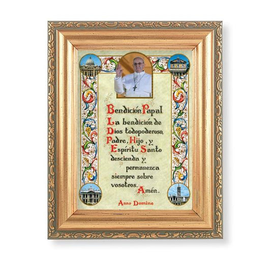 Spanish Papal Blessing Picture with Pope Francis, Antique Gold 5-1/2"x7 Frame with Acanthus-Leaf Edging Under Glass # 28205