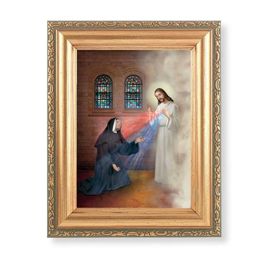 St. Maria Faustina & Divine Mercy Picture, Antique Gold 5-1/2"x7 Frame with Acanthus-Leaf Edging Under Glass # 28216
