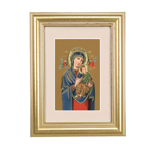 Our Lady of Perpetual Help Picture, 5"x6.5" Antique Gold Fluted Frame, Behind Cream Velvet Matting # 28229